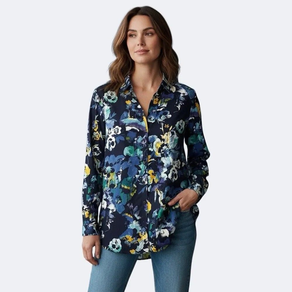 Chico''s Navy Tunic w Watercolor Floral Pattern Chico’s 2 (Large / US 12) NWOT